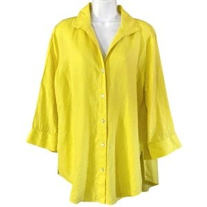 Paperwhite Women’s 100% Linen Button Down Shirt Yellow L Resort Coastal Beach